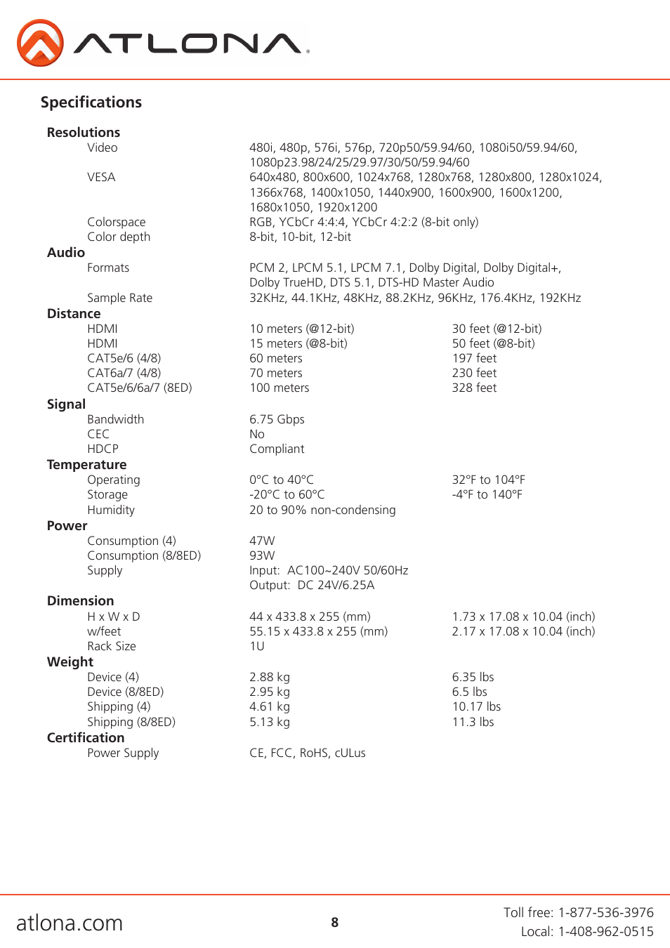 Specifications | Atlona AT HDCAT V2 User Manual | Page 8 / 11