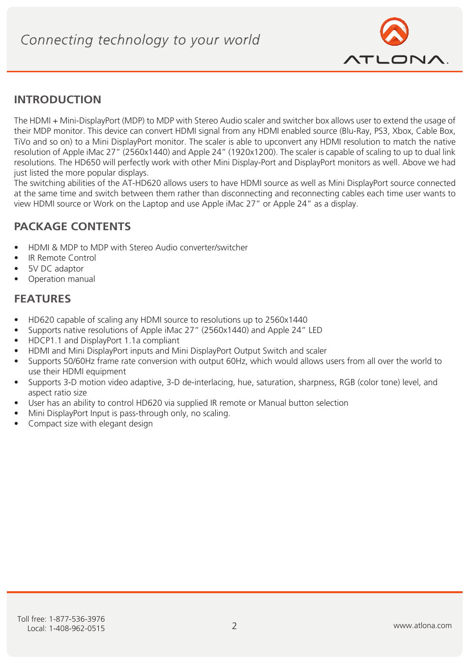 Introduction package contents features | Atlona AT HD620 User Manual | Page 3 / 9