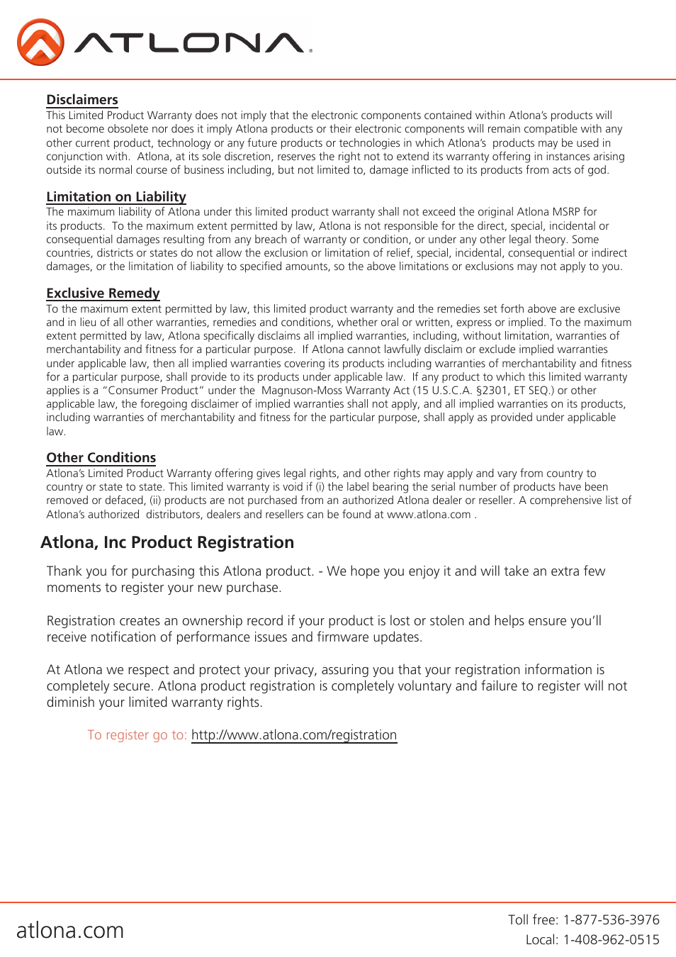 Atlona, inc product registration | Atlona AT HD600 User Manual | Page 10 / 10