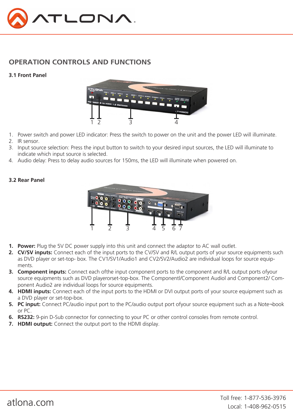 Operation controls and functions | Atlona AT HD600 User Manual | Page 4 / 10