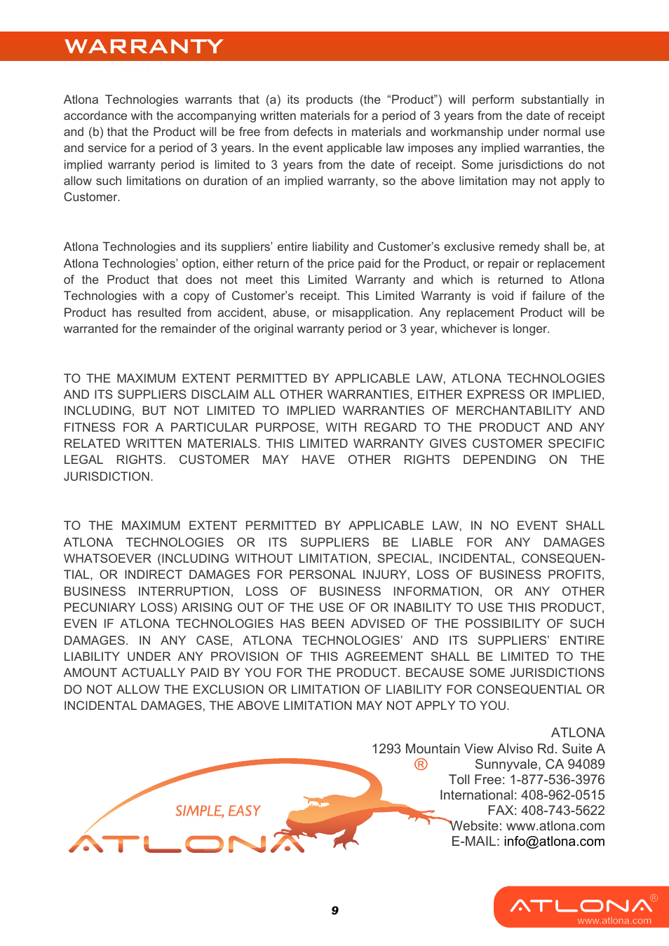 Warranty | Atlona AT HD577 User Manual | Page 11 / 12