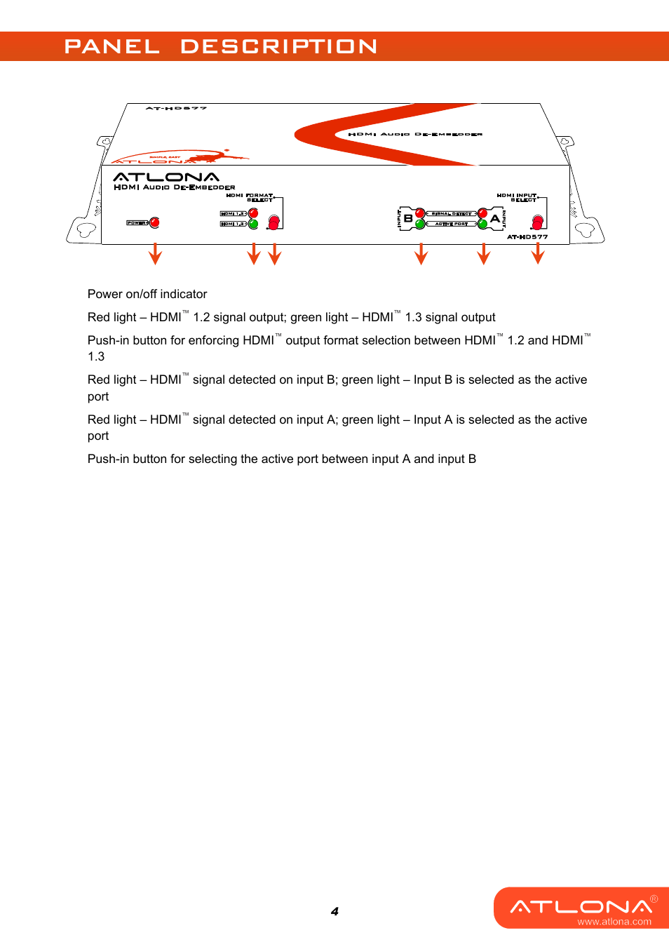 Panel description, Front panel | Atlona AT HD577 User Manual | Page 6 / 12