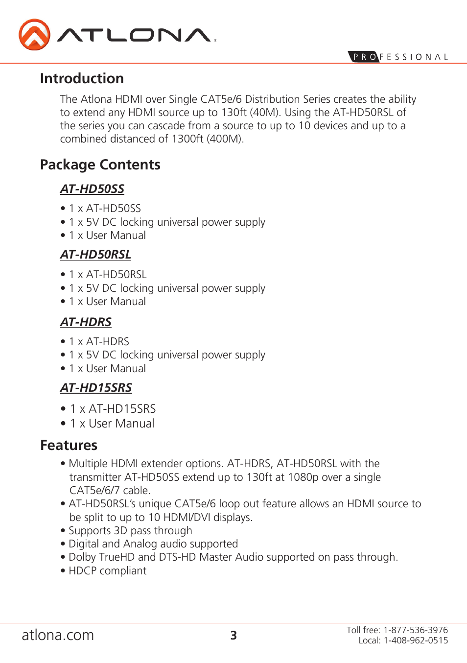 Introduction, Package contents, Features | Atlona AT HD50SSa5 User Manual | Page 3 / 11