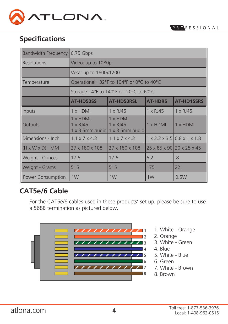 Specifications cat5e/6 cable | Atlona AT HD50SSa5 User Manual | Page 4 / 11