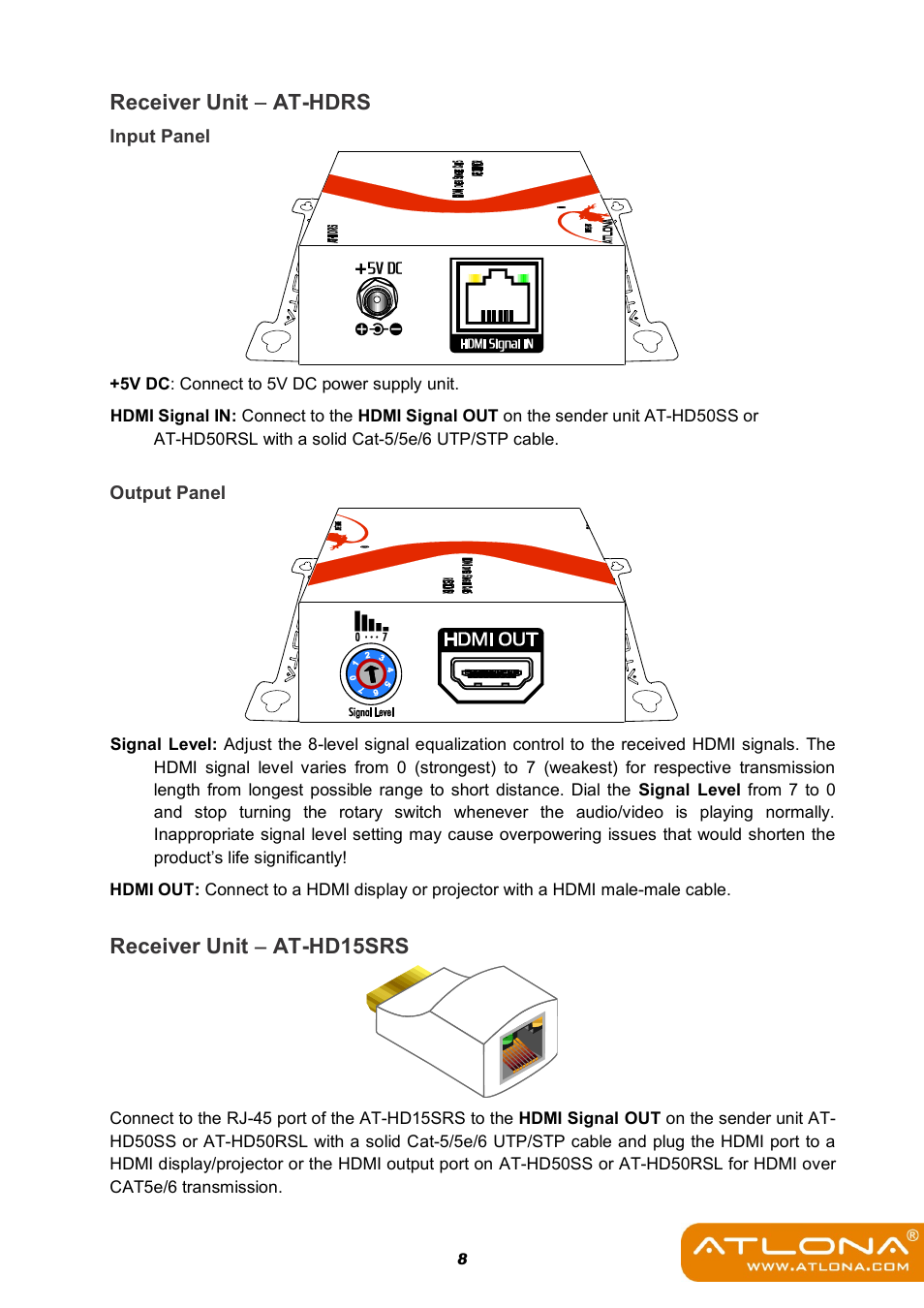 Receiver unit  at-hdrs, Receiver unit  at-hd15srs | Atlona AT HD50SS User Manual | Page 10 / 16