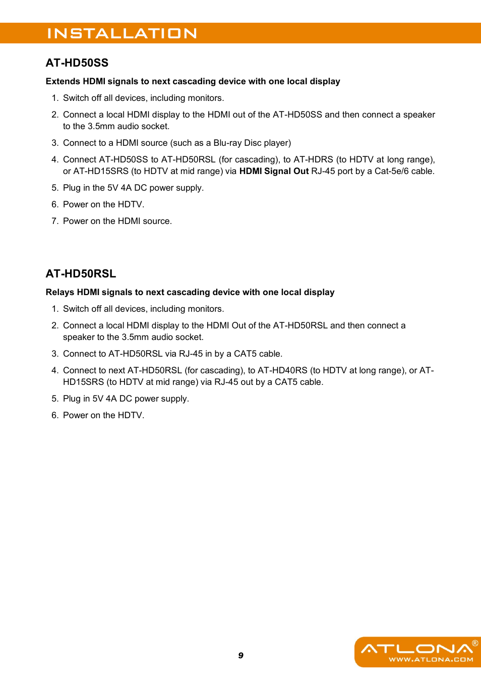Installation, At-hd50ss, At-hd50rsl | Atlona AT HD50SS User Manual | Page 11 / 16