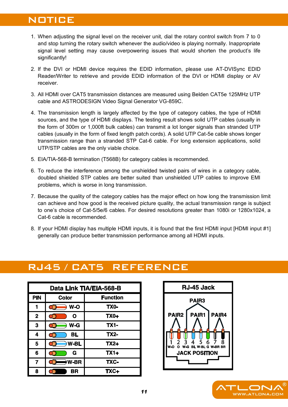 Notice rj45 / cat5 reference | Atlona AT HD50SS User Manual | Page 13 / 16