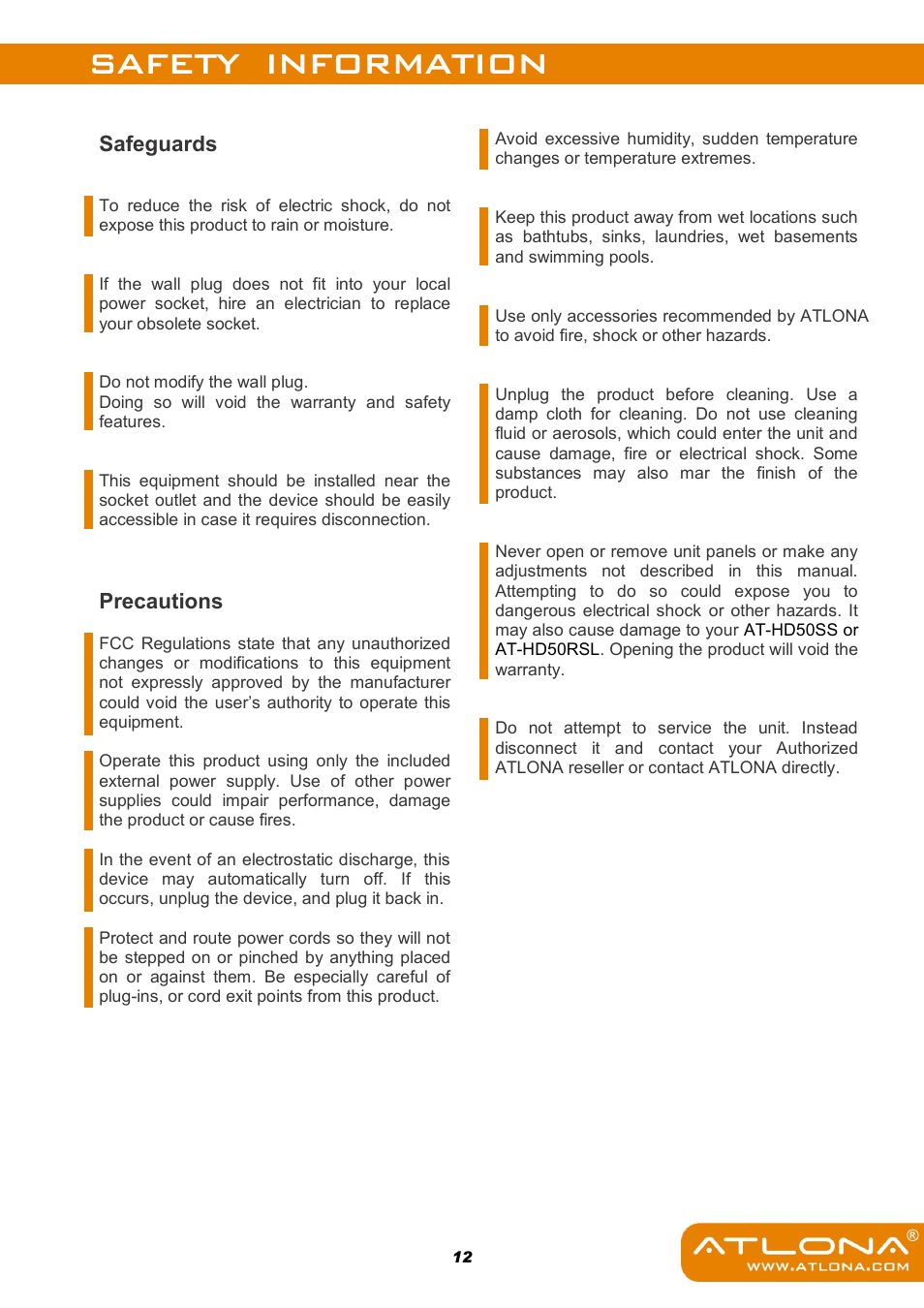 Safety information, Safeguards, Precautions | Atlona AT HD50SS User Manual | Page 14 / 16