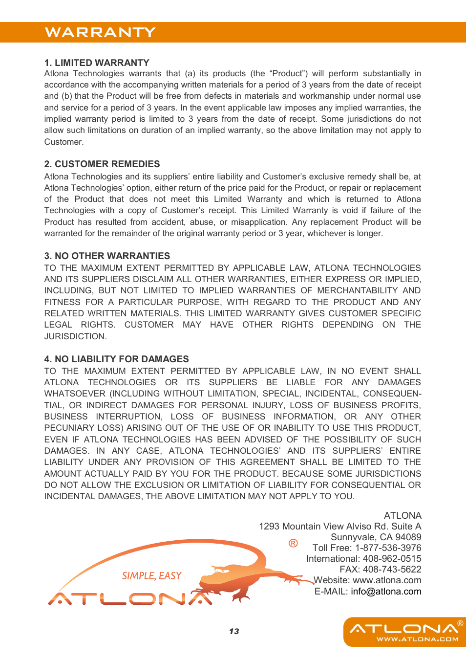 Warranty | Atlona AT HD50SS User Manual | Page 15 / 16