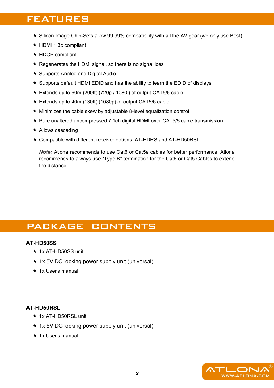 Features package contents | Atlona AT HD50SS User Manual | Page 4 / 16