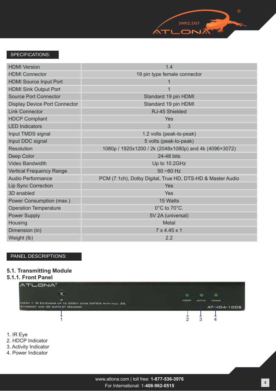 Atlona AT HD4-100SR V5 User Manual | Page 4 / 9