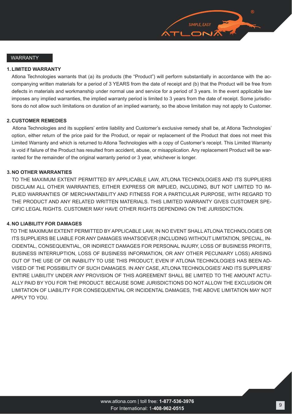 Atlona AT HD4-100SR V5 User Manual | Page 9 / 9