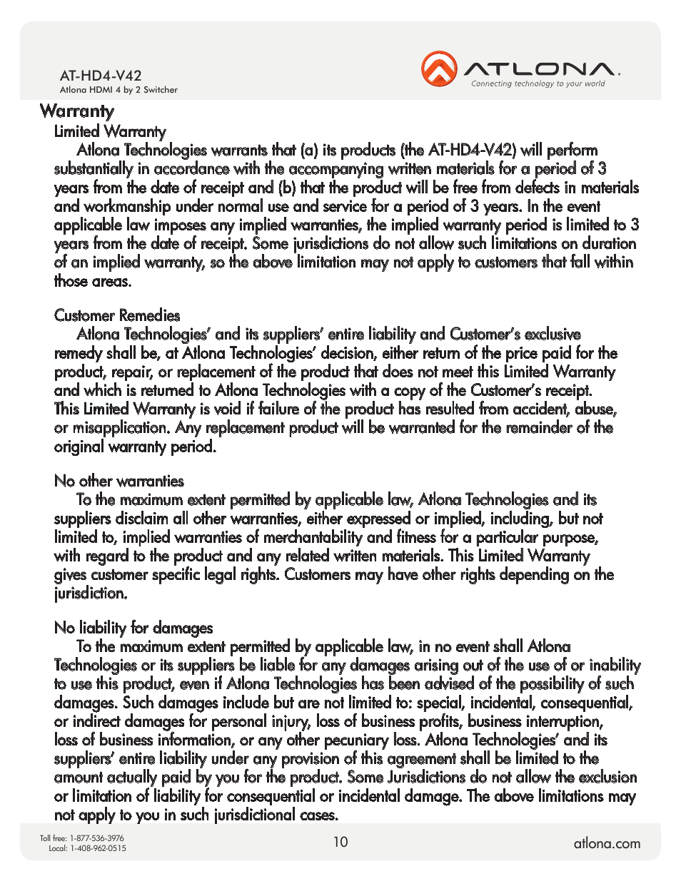 Warranty | Atlona AT HD4 V42 User Manual | Page 10 / 11