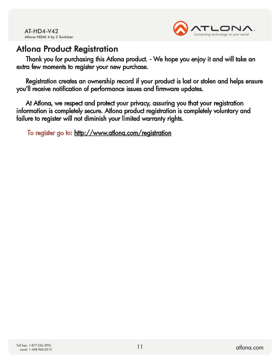 Atlona product registration | Atlona AT HD4 V42 User Manual | Page 11 / 11