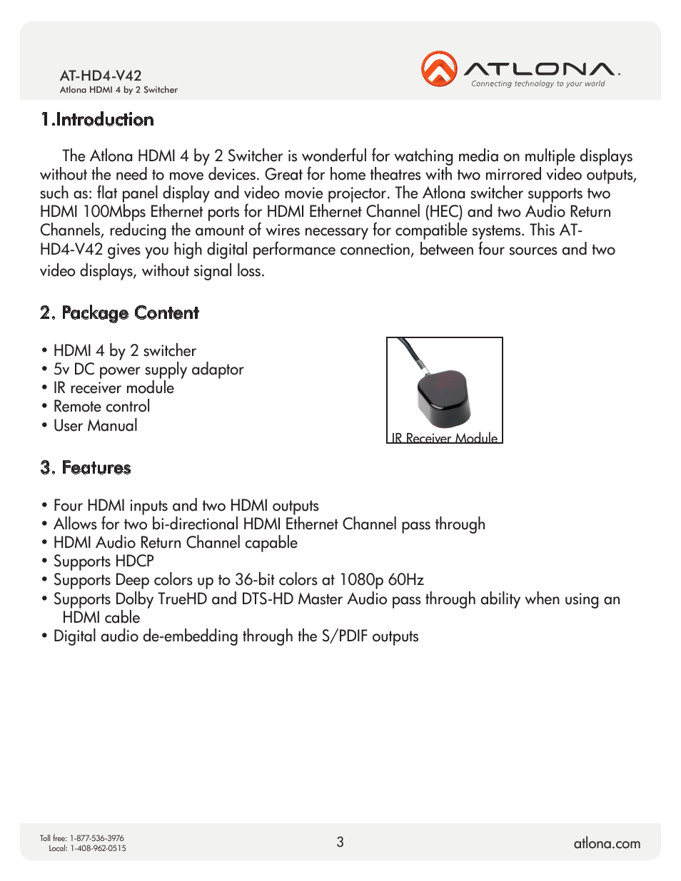 Introduction, Package content, Features | Atlona AT HD4 V42 User Manual | Page 3 / 11