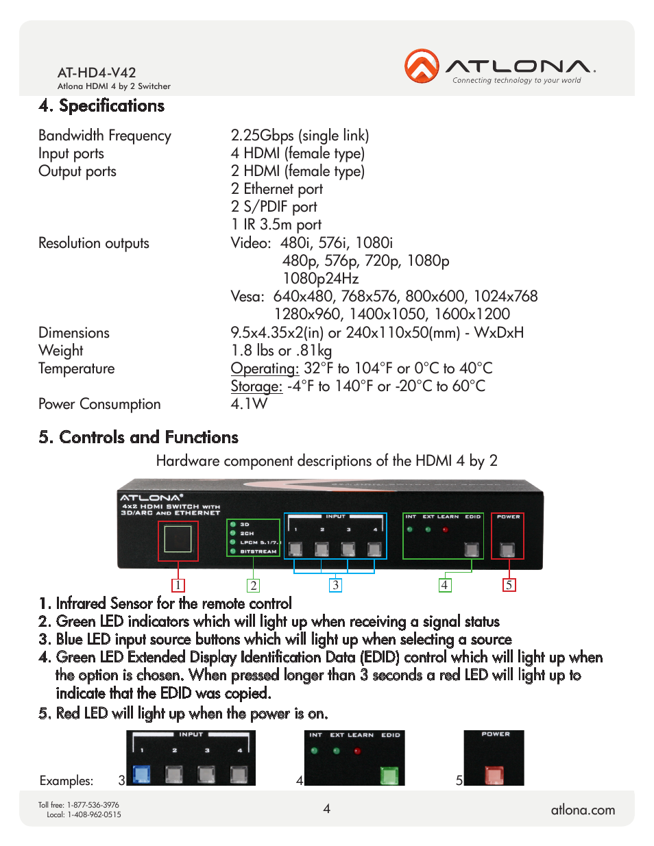 Specifications, Controls and functions | Atlona AT HD4 V42 User Manual | Page 4 / 11