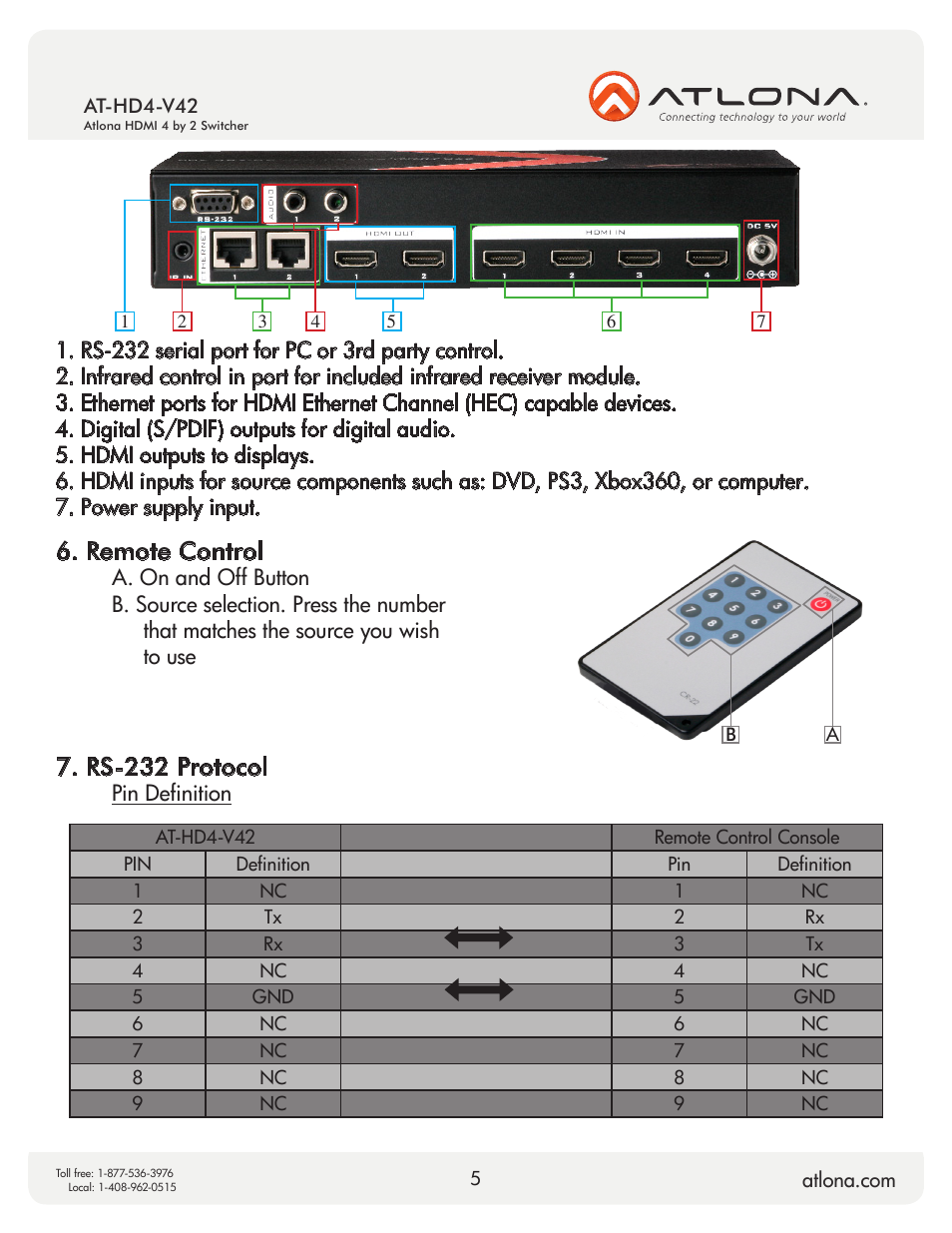 Remote control, Rs-232 protocol | Atlona AT HD4 V42 User Manual | Page 5 / 11