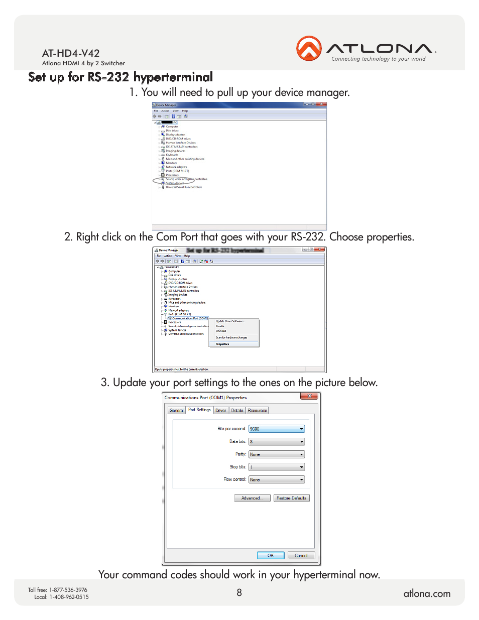 Set up for rs-232 hyperterminal | Atlona AT HD4 V42 User Manual | Page 8 / 11