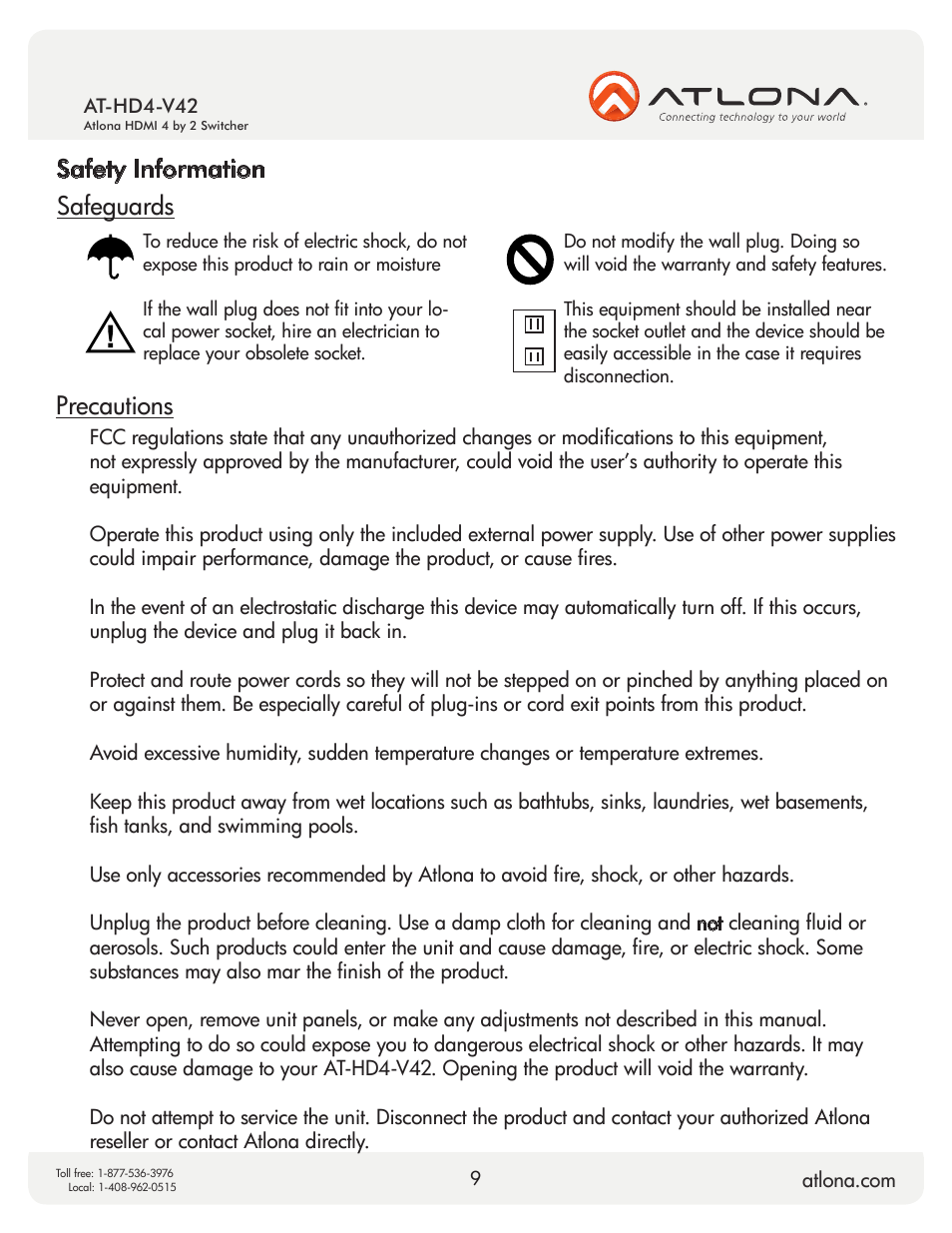 Safety information safeguards precautions | Atlona AT HD4 V42 User Manual | Page 9 / 11