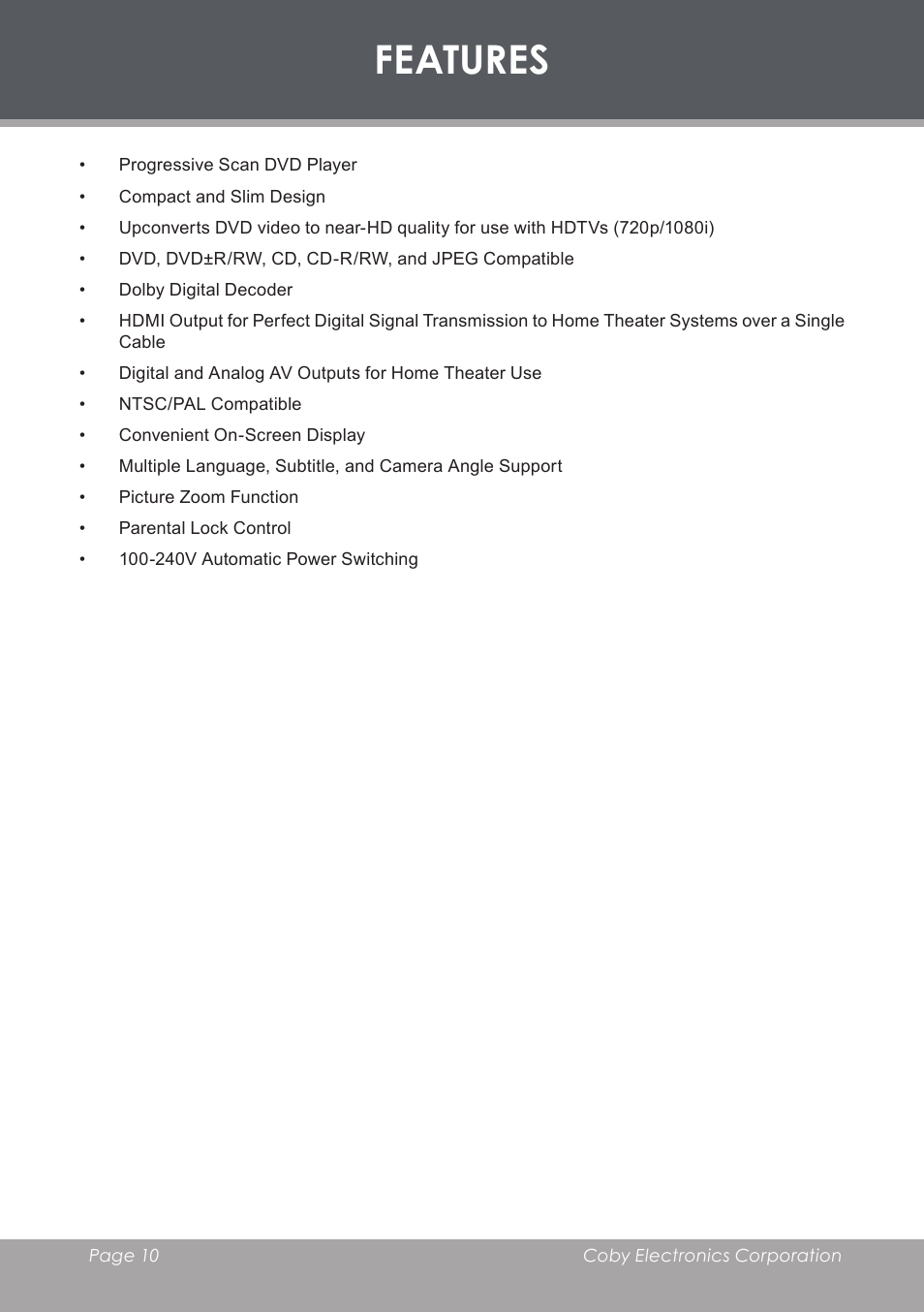 Features | COBY DVD-283 User Manual | Page 10 / 36