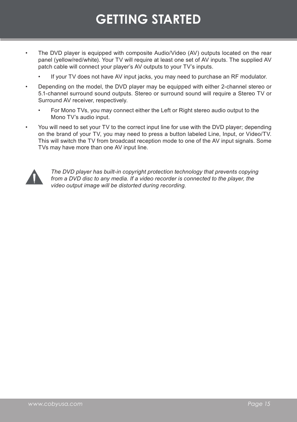 Getting started | COBY DVD-283 User Manual | Page 15 / 36