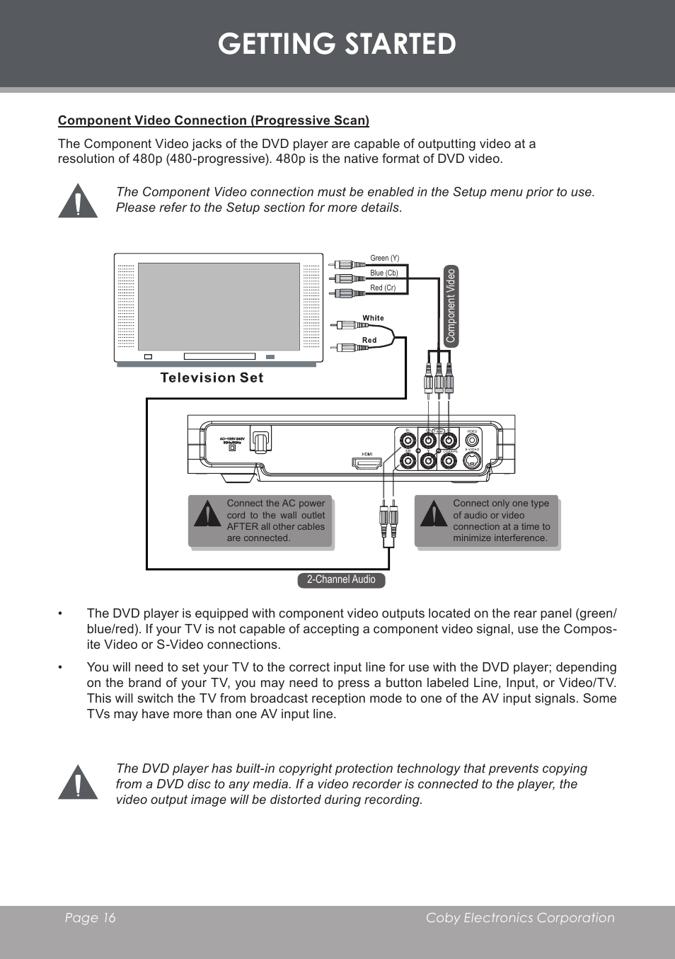 Component video connection (progressive scan), Getting started | COBY DVD-283 User Manual | Page 16 / 36