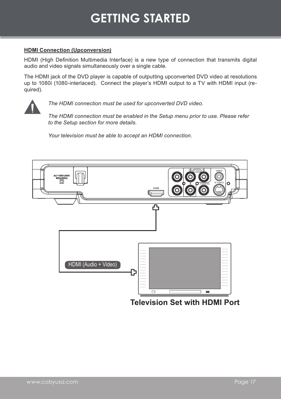 Hdmi connection (upconversion), Getting started, Television set with hdmi port | COBY DVD-283 User Manual | Page 17 / 36