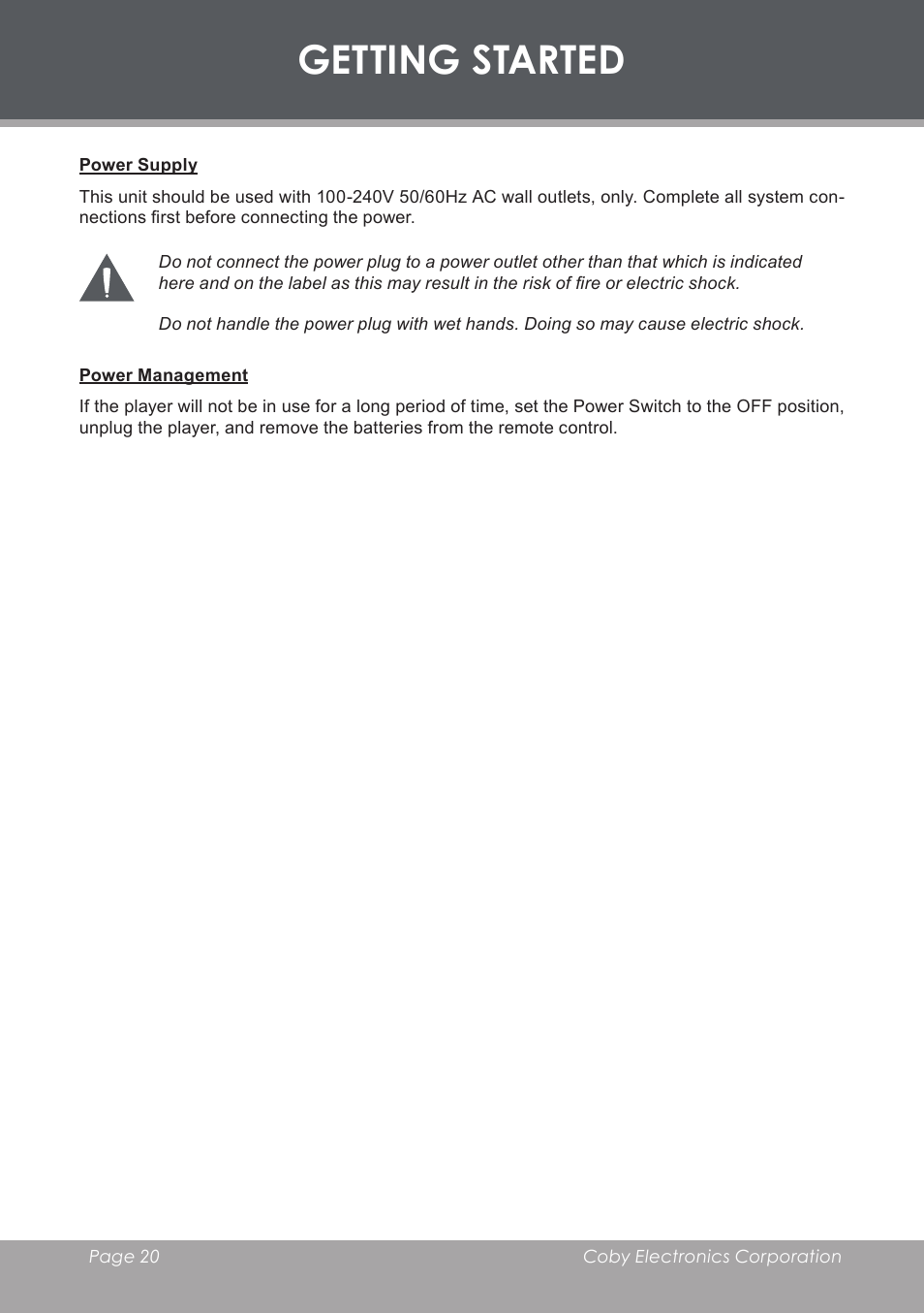 Power supply, Power management, Getting started | COBY DVD-283 User Manual | Page 20 / 36