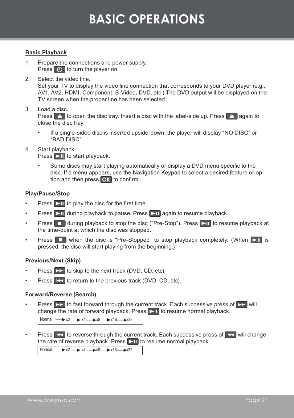 Basic operations, Basic playback, Play/pause/stop | Previous/next (skip), Forward/reverse (search) | COBY DVD-283 User Manual | Page 21 / 36