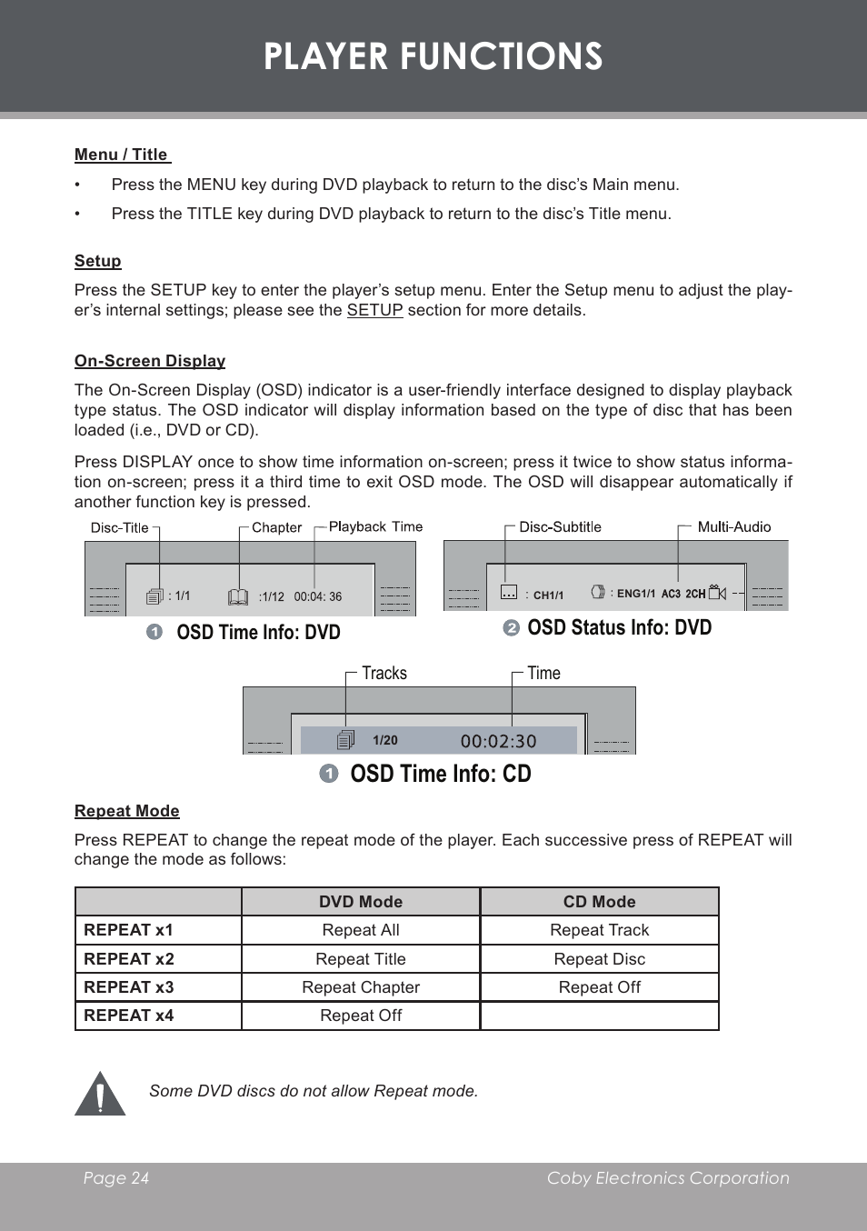 Player functions, Menu / title, Setup | On-screen display, Repeat mode, Osd time info: cd, Osd status info: dvd | COBY DVD-283 User Manual | Page 24 / 36