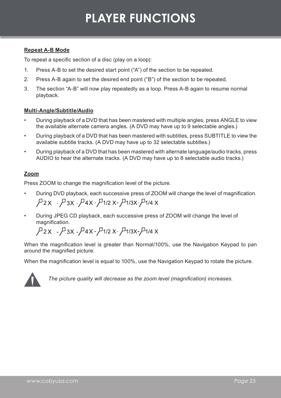 Repeat a-b mode, Multi-angle/subtitle/audio, Zoom | Player functions | COBY DVD-283 User Manual | Page 25 / 36