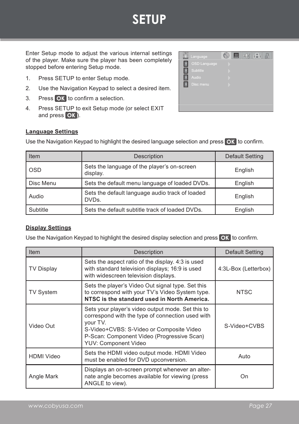 Setup, Language settings, Display settings | COBY DVD-283 User Manual | Page 27 / 36