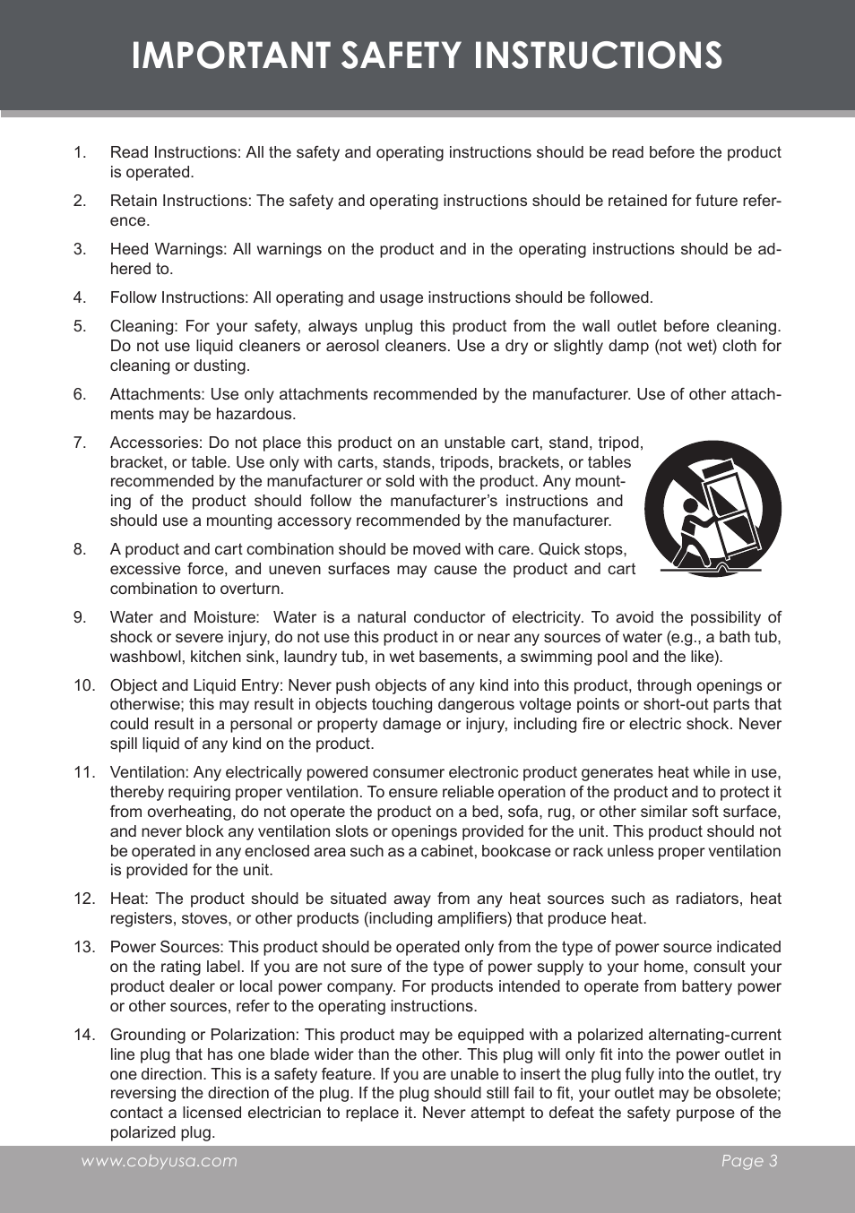 Important safety instructions | COBY DVD-283 User Manual | Page 3 / 36
