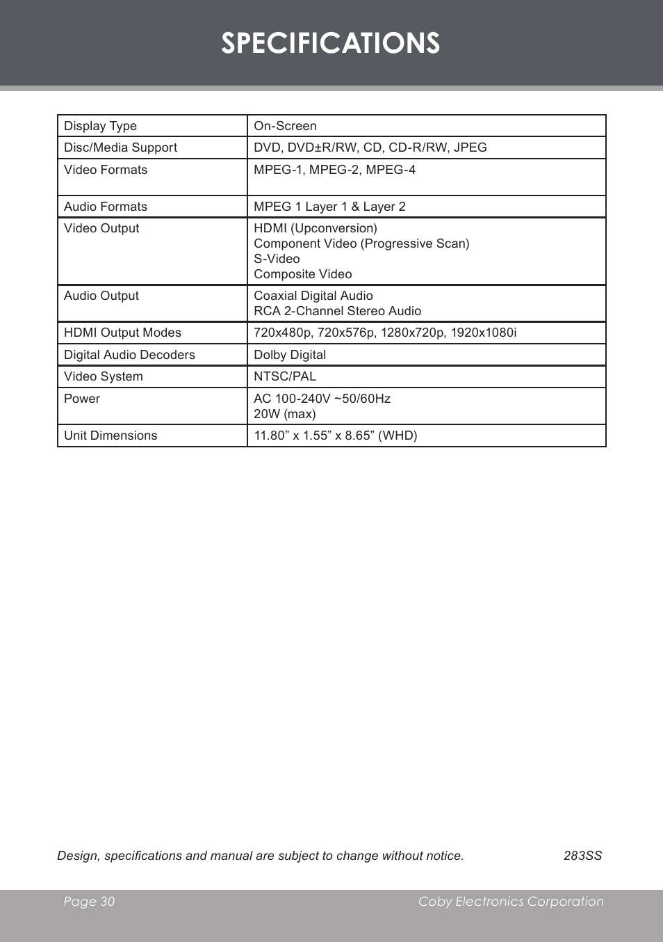 Specifications | COBY DVD-283 User Manual | Page 30 / 36