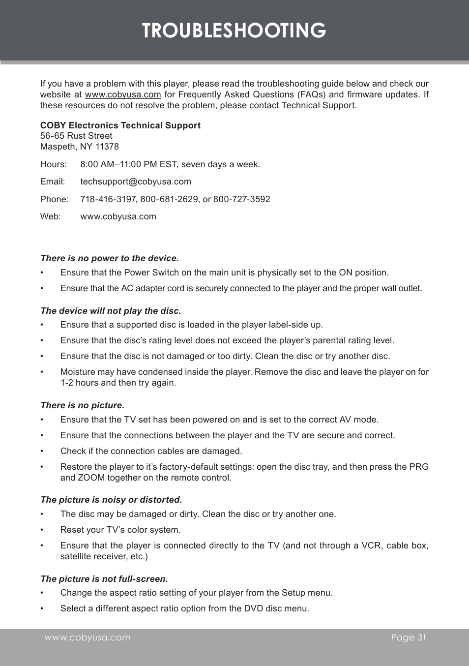 Troubleshooting | COBY DVD-283 User Manual | Page 31 / 36