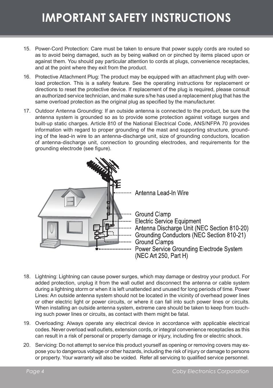 Important safety instructions | COBY DVD-283 User Manual | Page 4 / 36