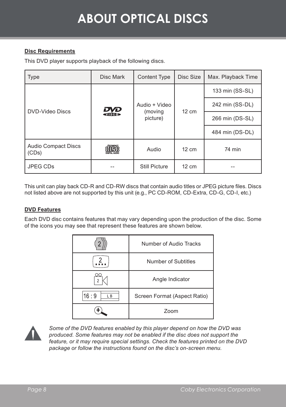 About optical discs, Disc requirements, Dvd features | COBY DVD-283 User Manual | Page 8 / 36