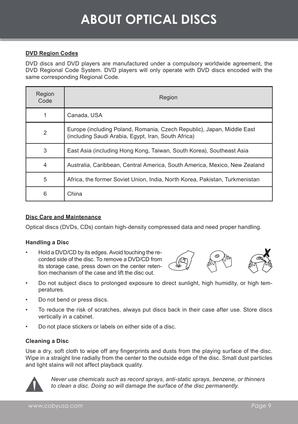 Dvd region codes, Disc care and maintenance, About optical discs | COBY DVD-283 User Manual | Page 9 / 36