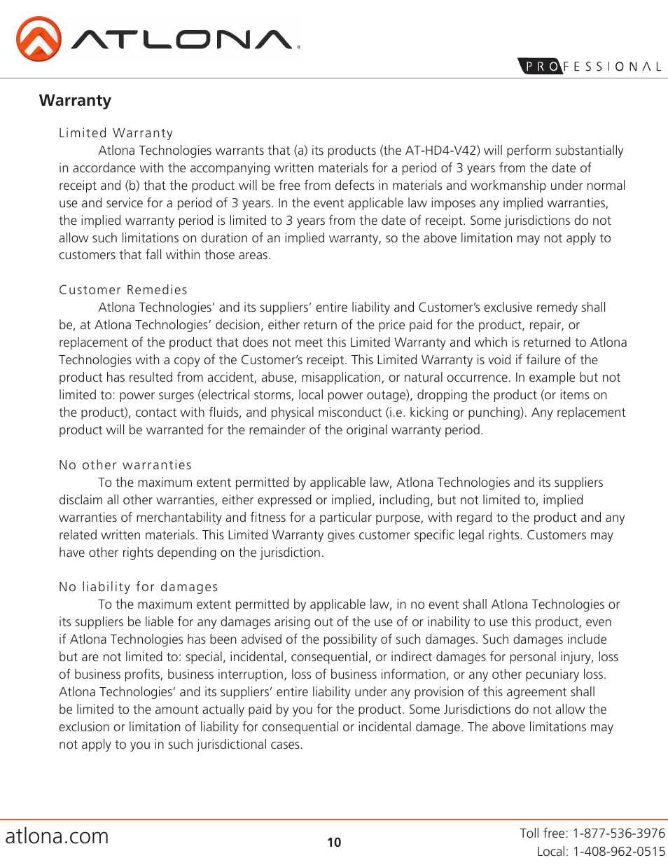 Warranty | Atlona AT HD4 V42 V5 User Manual | Page 10 / 11