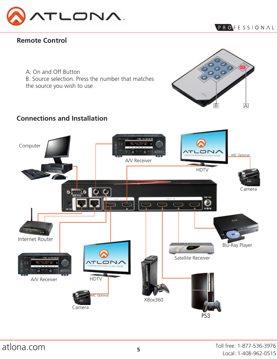 Remote control, Connections and installation | Atlona AT HD4 V42 V5 User Manual | Page 5 / 11
