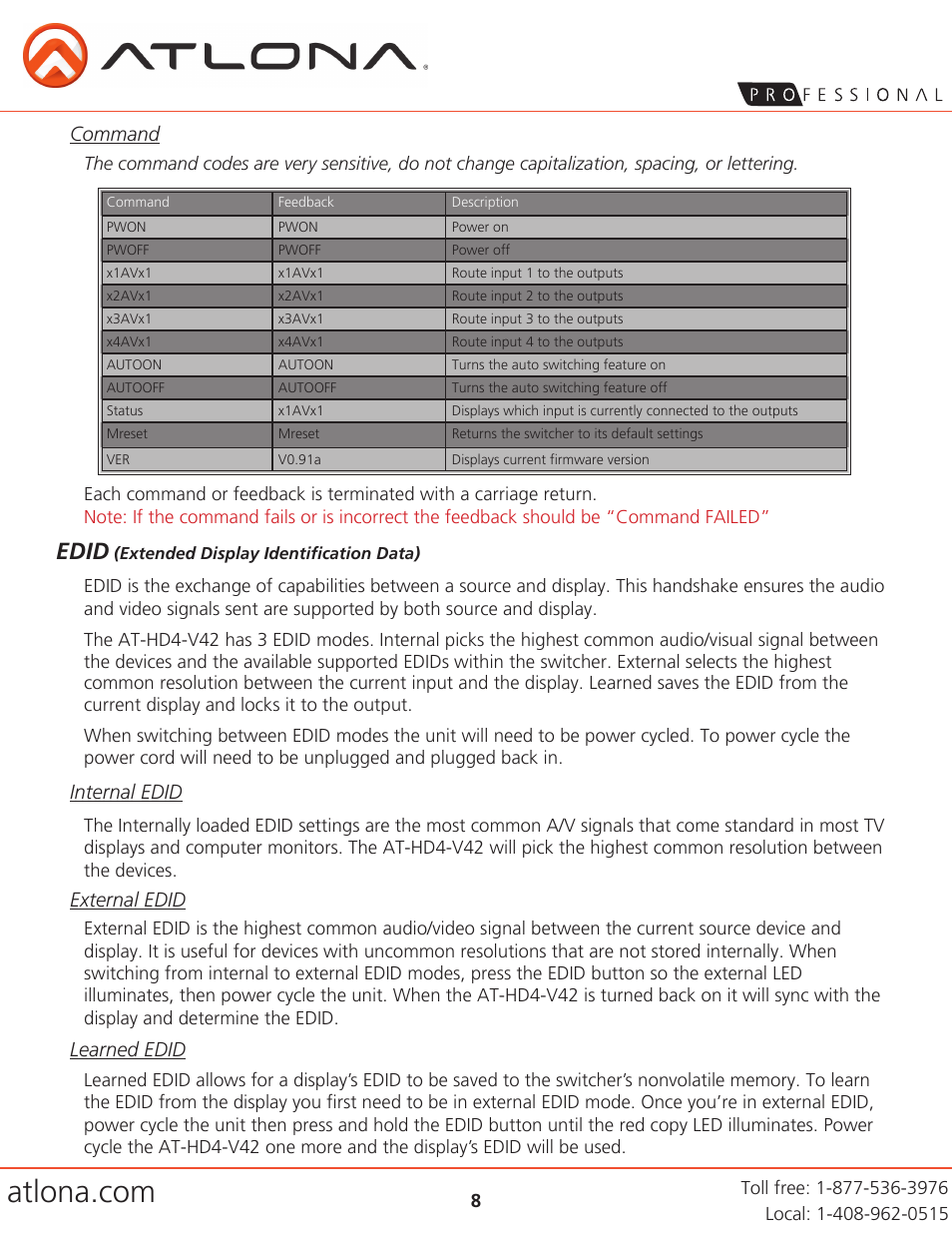 Edid, Command, Internal edid | External edid, Learned edid | Atlona AT HD4 V42 V5 User Manual | Page 8 / 11