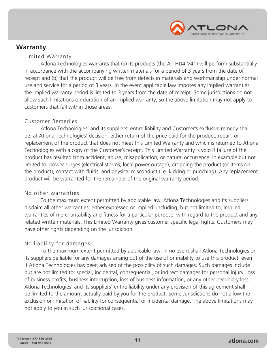 Warranty | Atlona AT HD4 V41 V2 User Manual | Page 11 / 12