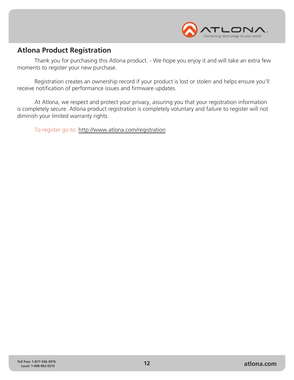 Atlona product registration | Atlona AT HD4 V41 V2 User Manual | Page 12 / 12