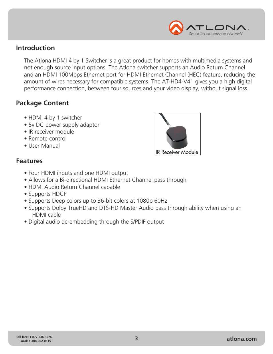 Introduction features package content | Atlona AT HD4 V41 V2 User Manual | Page 3 / 12