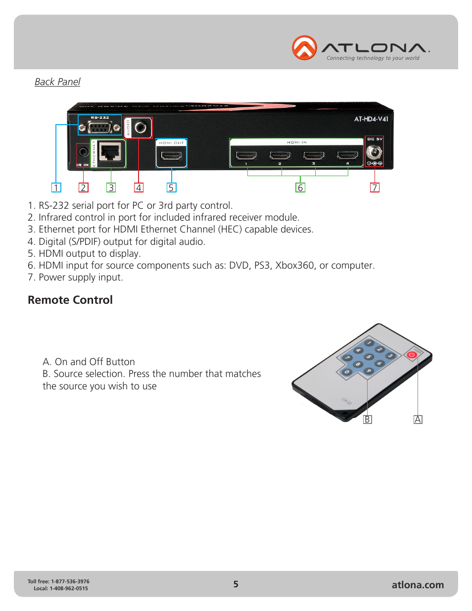 Remote control | Atlona AT HD4 V41 V2 User Manual | Page 5 / 12