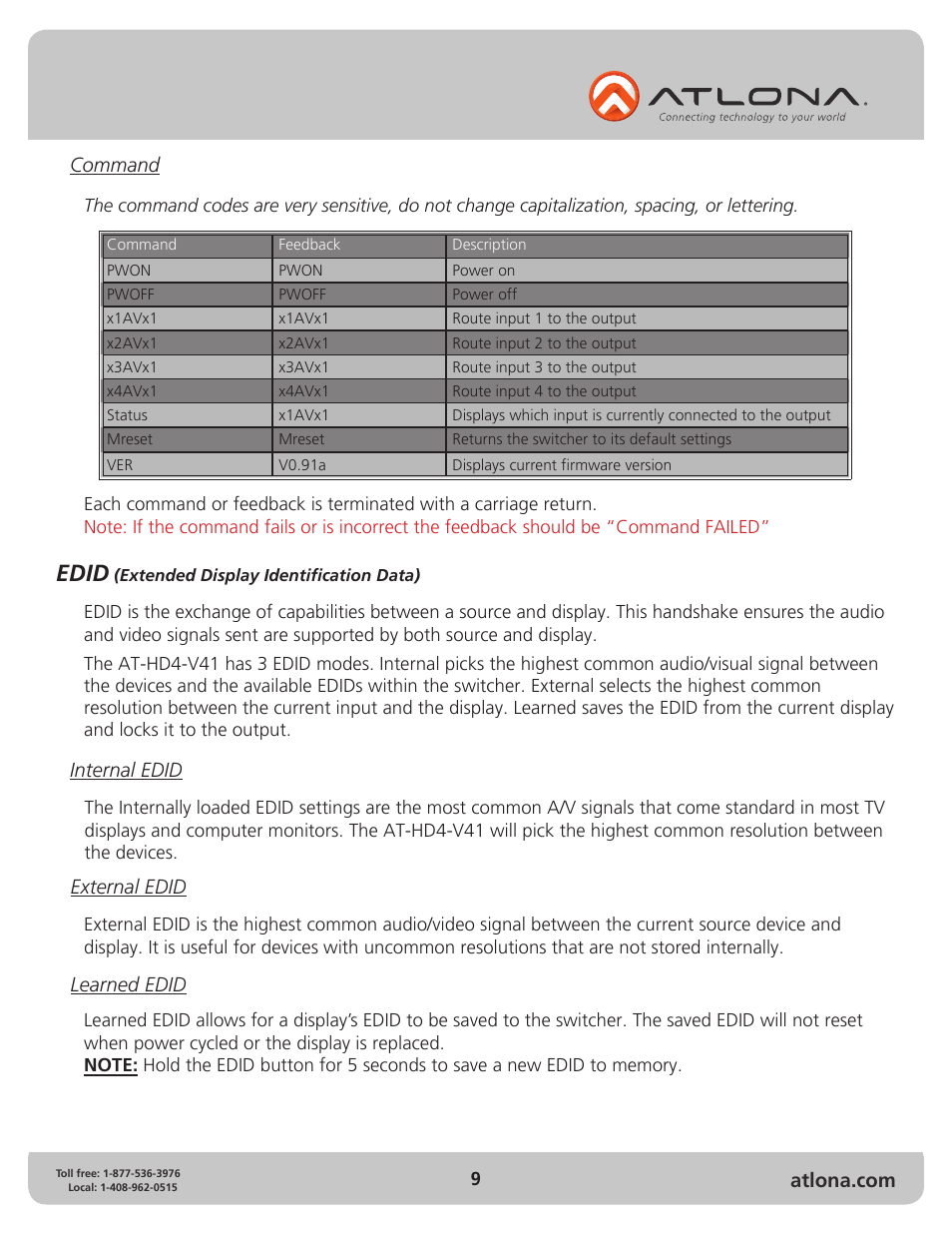 Edid, Internal edid, External edid | Learned edid | Atlona AT HD4 V41 V2 User Manual | Page 9 / 12