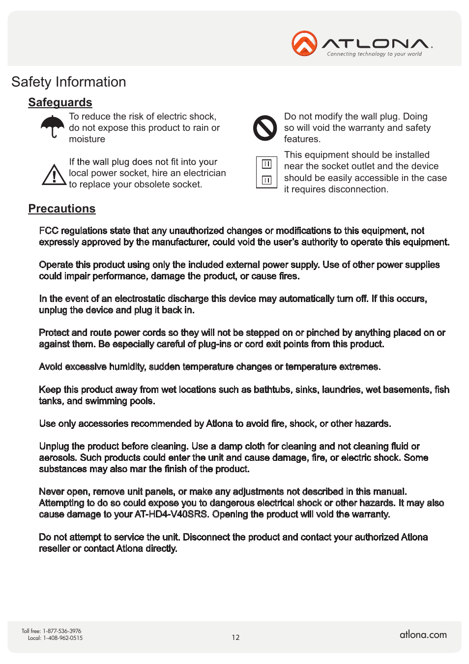 Safety information, Safeguards precautions | Atlona AT HD4 V40SRS V2 User Manual | Page 12 / 14