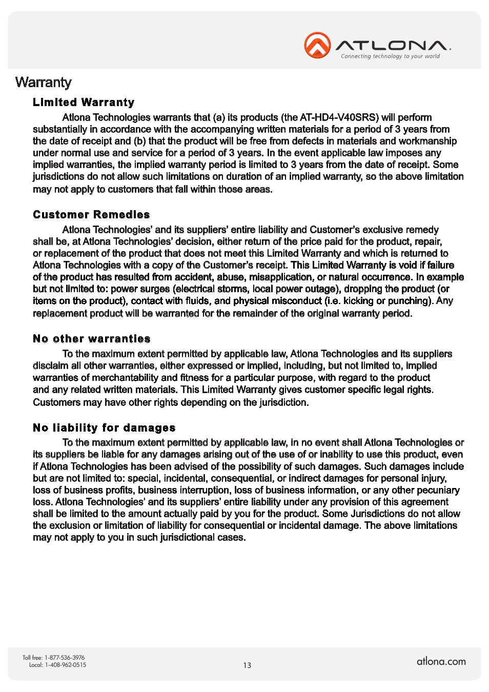 Warranty | Atlona AT HD4 V40SRS V2 User Manual | Page 13 / 14