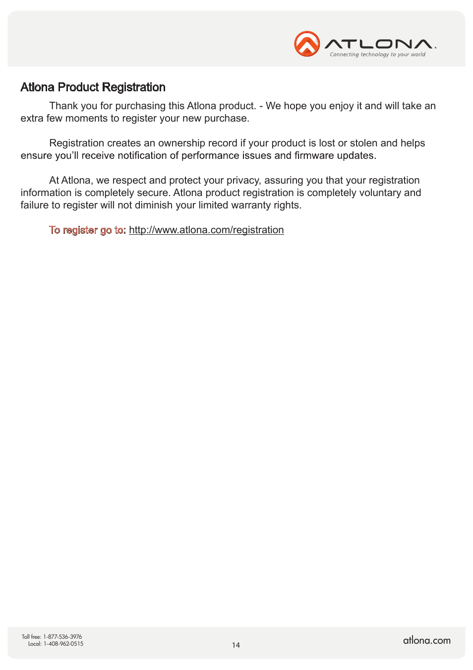 Atlona product registration | Atlona AT HD4 V40SRS V2 User Manual | Page 14 / 14