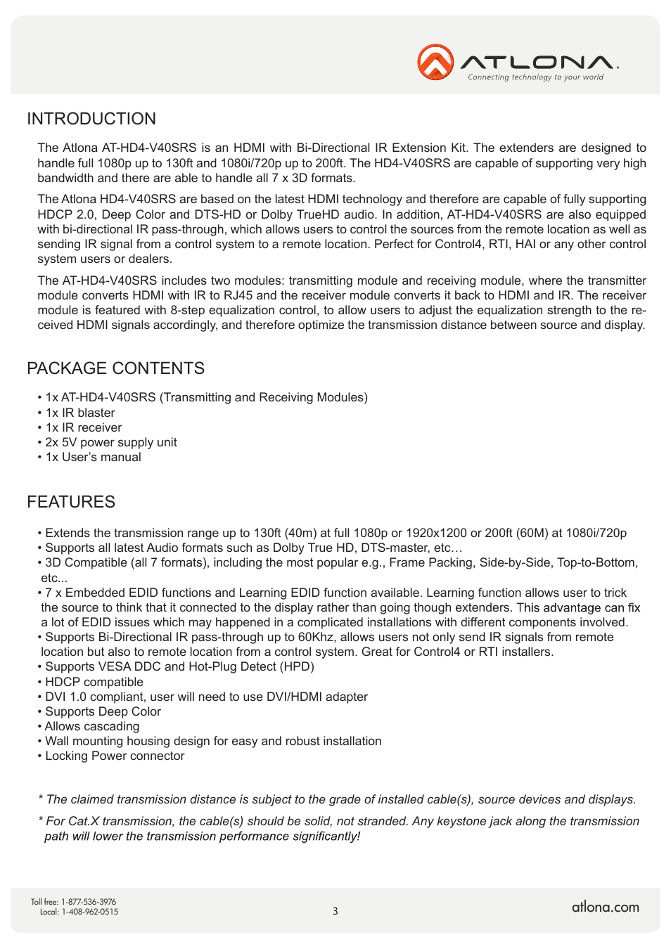 Introduction, Package contents, Features | Atlona AT HD4 V40SRS V2 User Manual | Page 3 / 14